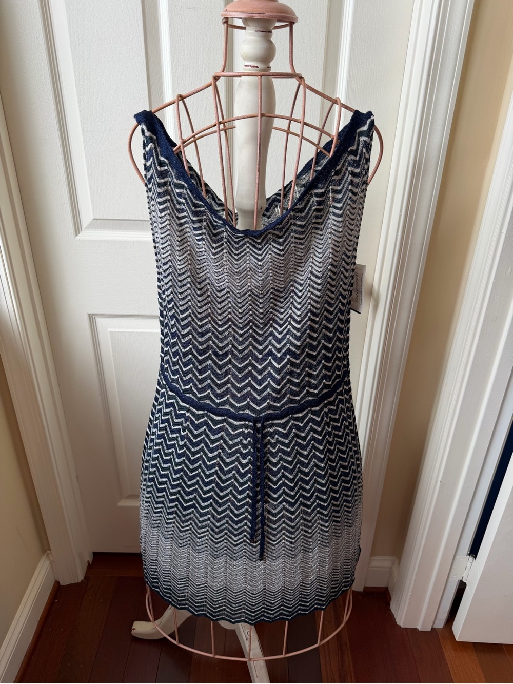 Navy and White Chevron Knit Sleeveless Dress Italy